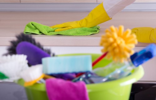 End of tenancy cleaners vacuuming and detailing living room floors and surfaces